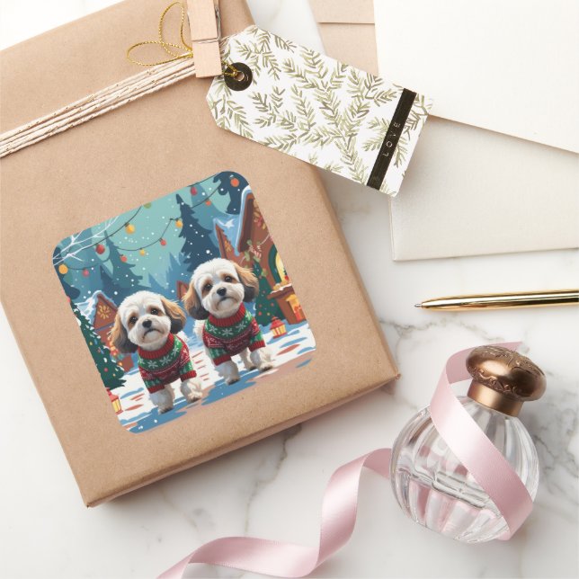 Sticker Carré Bichon Frise Dogs Christmas Snow Holiday (Cadeaux)