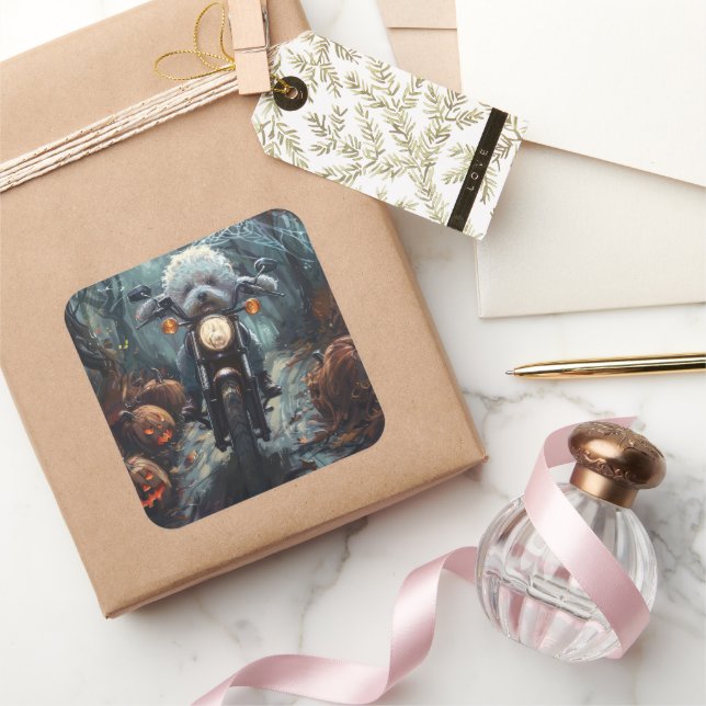 Sticker Carré Bichon Frise Riding Moto Halloween Scandale (Cadeaux)