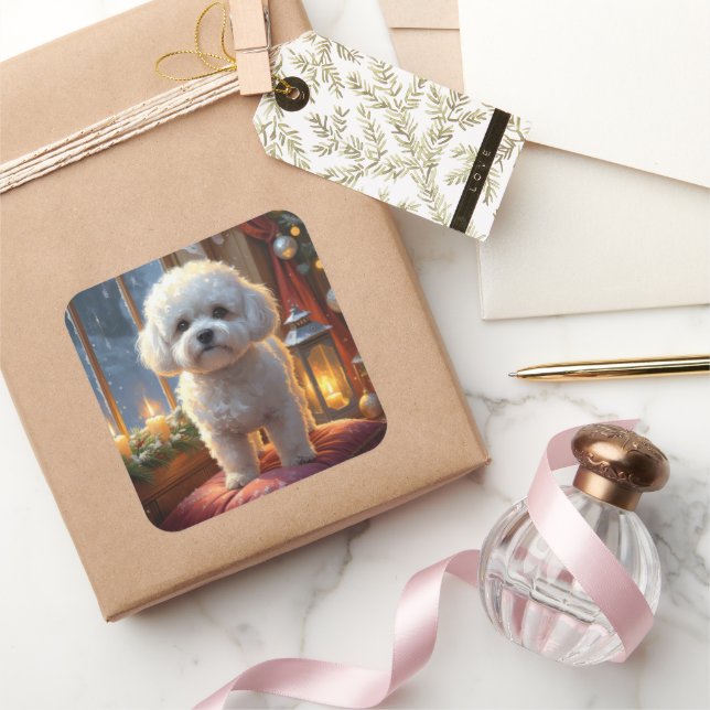 Sticker Carré Bichon Frise With Christmas Lights Holiday (Cadeaux)