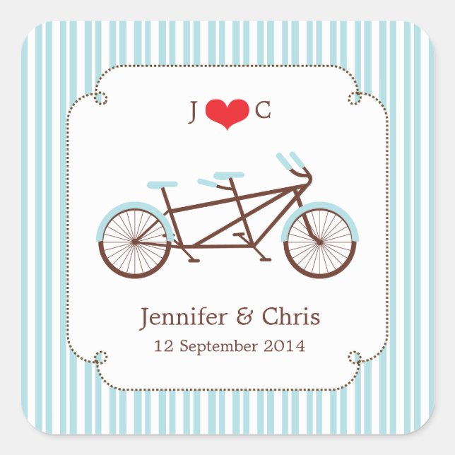 Sticker Carré Bicyclette Retro Tandem Bleu & Blanc Mariage rayé (Devant)