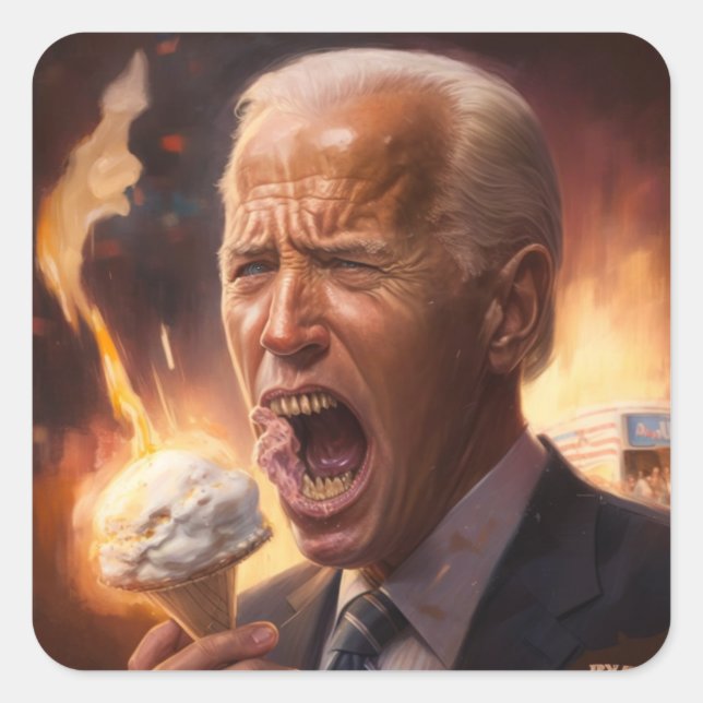 Sticker Carré Biden mangeant de la glace pendant que le monde br (Devant)