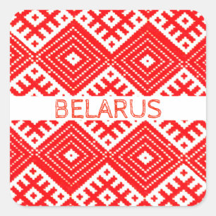 Sticker Carré Biélorussie Б л а р у е Folk Motif Rouge Blanc Sti