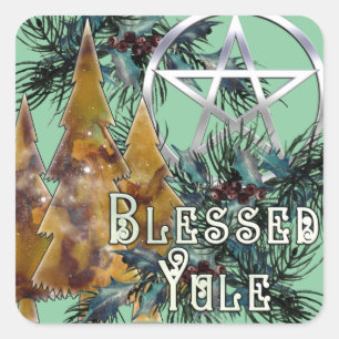Sticker Carré Bienheureux Yule Pentacle Holly et Pine
