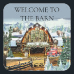 Sticker Carré Bienvenue à la grange Winter/Christmas<br><div class="desc">Grange Evergreen Winter/Christmas Autocollant carré 3". Belle grange historique avec vitraux centenaires ornant la façade. Décorée pour les mariages d'hiver et de Noël et pour s'amuser avec les amis et la famille. Le buffle et le yak sont debout au loin. Utilisez le message existant ou personnalisez la carte avec votre...</div>
