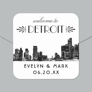 Sticker Carré Bienvenue au mariage art déco noir sur la skyline 