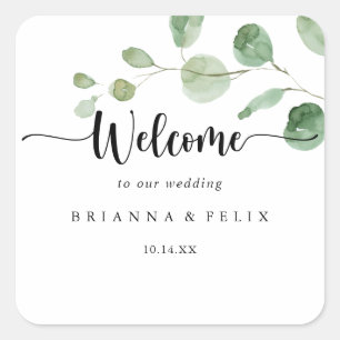 Sticker Carré Bienvenue au Mariage Eucalyptus de luxe vert