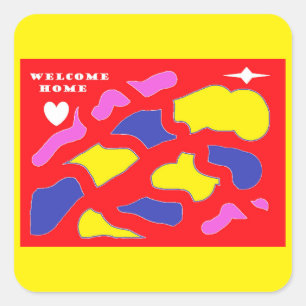 Sticker Carré Bienvenue chez vous signé pour vous rouge et jaune