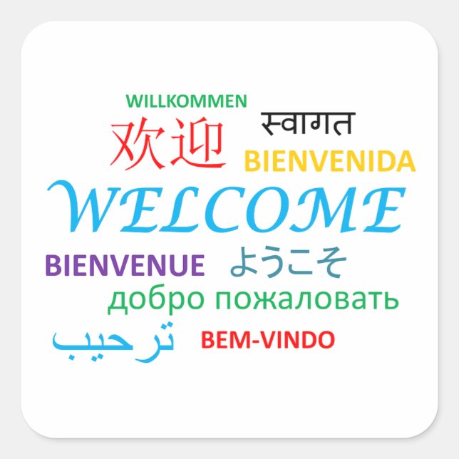 Sticker Carré Bienvenue dans différentes langues Willkommen Bien (Devant)