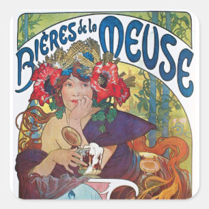 Sticker Carré Bière Vintage Art Nouveau Alphonse Mucha