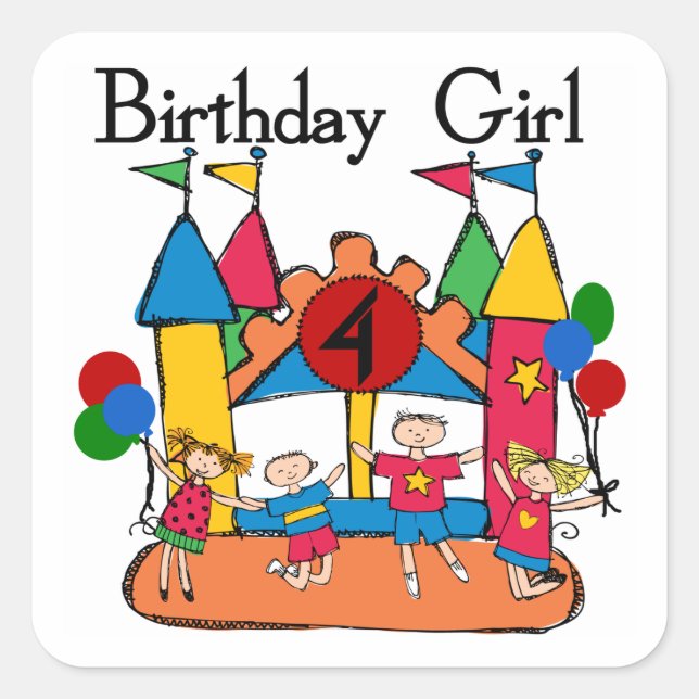 Sticker Carré Big Bounce Girl 4th Birthday T-shirts et cadeaux (Devant)