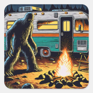 Sticker Carré Bigfoot à Campfire et Retro Rv