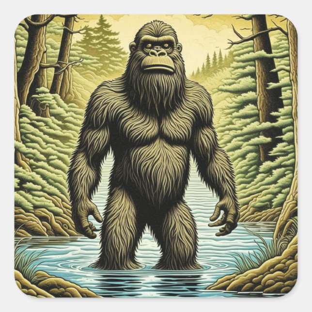 Sticker Carré Bigfoot debout dans le dessin sur l'eau (Devant)