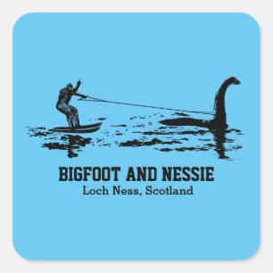Sticker Carré Bigfoot et Nessie Loch Ness Texte personnalisé