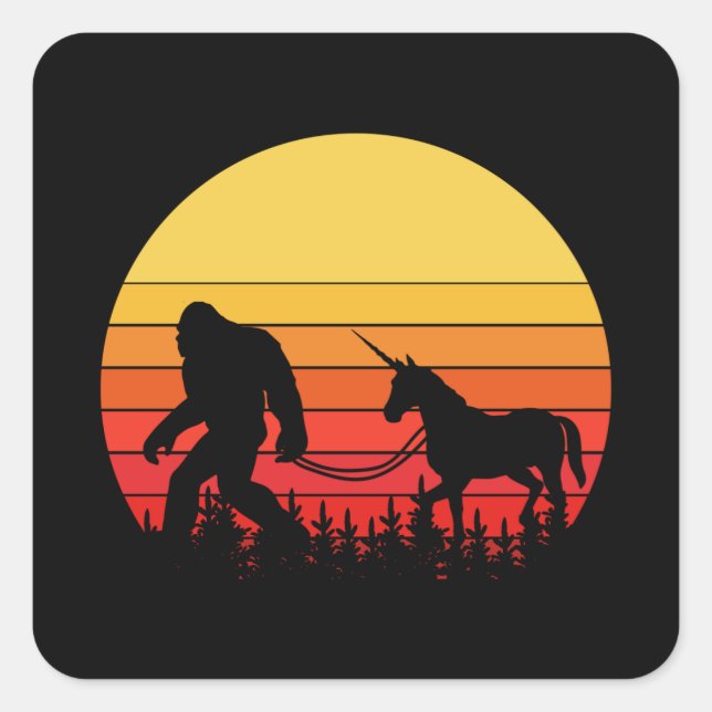 Sticker Carré Bigfoot et Unicorne dans une conception rétro (Devant)