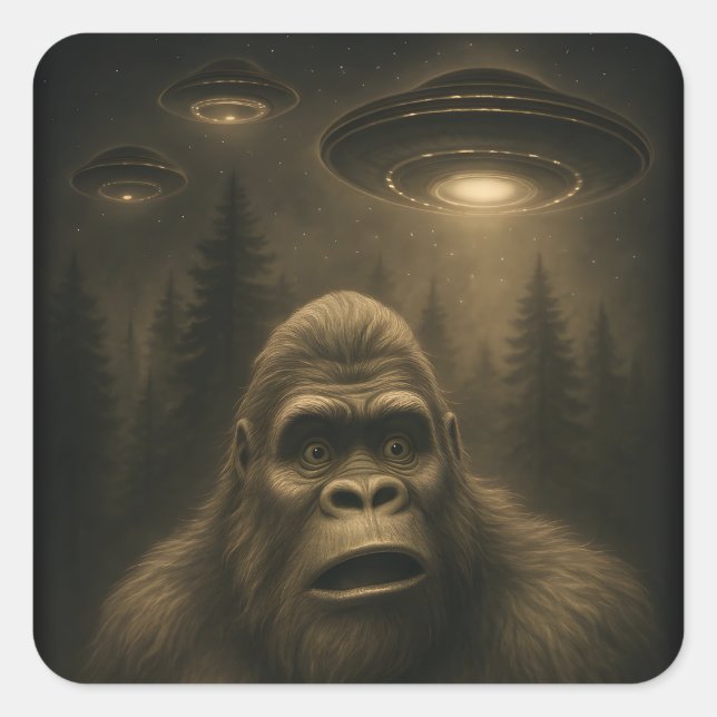 Sticker Carré Bigfoot Sasquatch Alien UFO Funny (Devant)