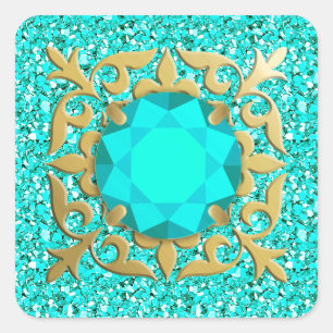 Sticker Carré Bijou Aquamarine avec arrière - plan druzy