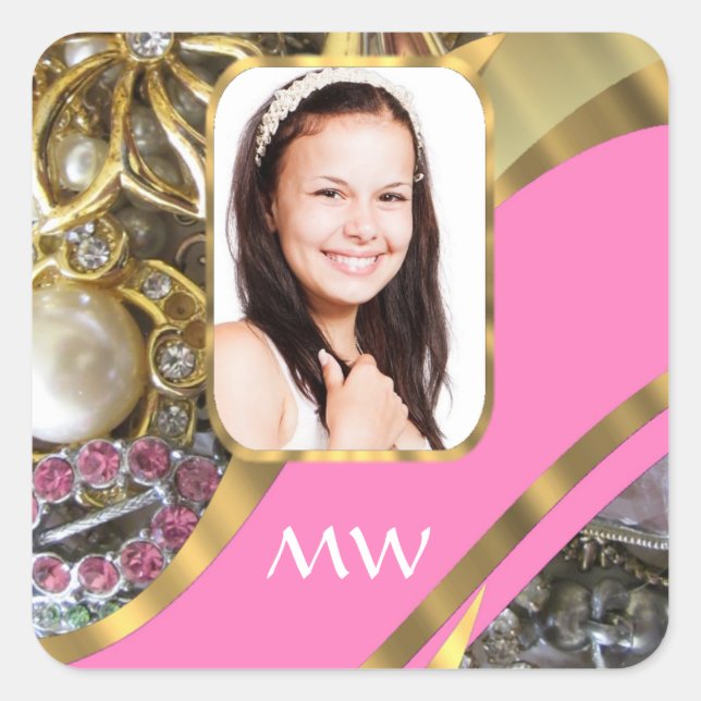 Sticker Carré Bijoux rose arrière - plan personnalisé (Devant)
