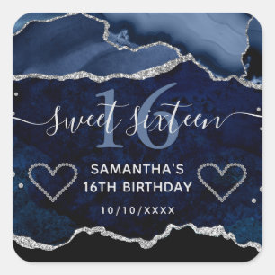 Sticker Carré Bille en agate pailletée bleu et argent pour Sweet