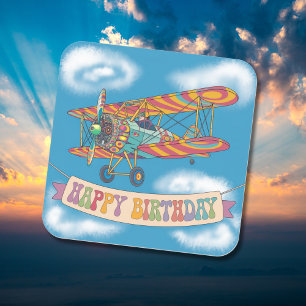 Sticker Carré Biplane survolant la bannière d'anniversaire heure