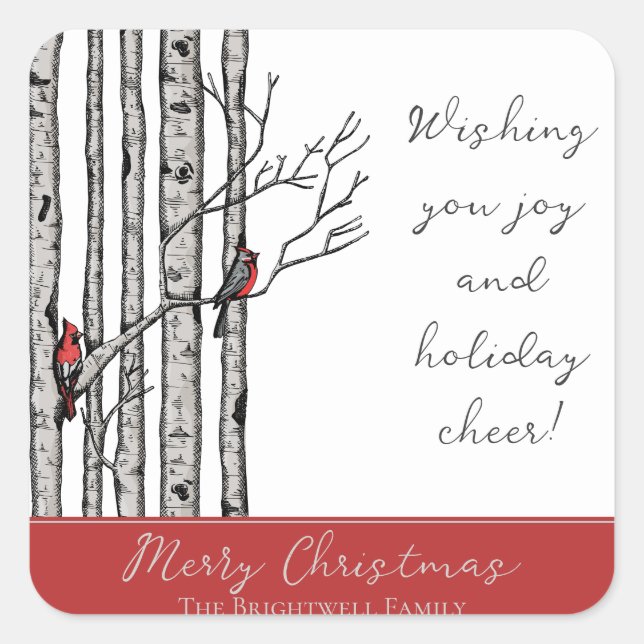 Sticker Carré Birch Trees modernes et Red Cardinal Birds (Devant)