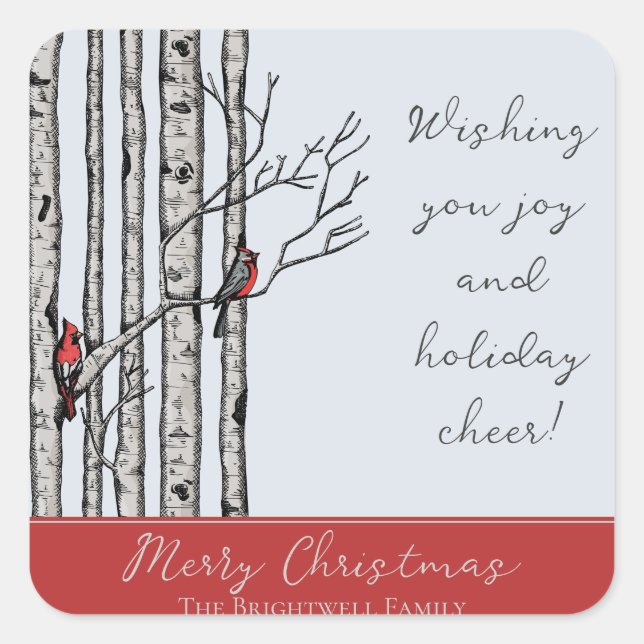 Sticker Carré Birch Trees modernes et Red Cardinal Birds (Devant)