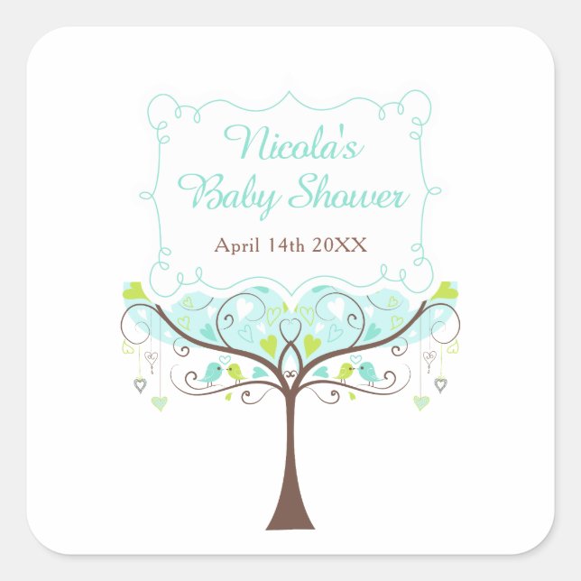Sticker Carré Birds Hearts Tree Blue and Green Baby Shower (Devant)