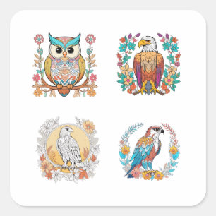 Sticker Carré Birds of Prey Cartoon Floral Pattern Art 4 Pack St