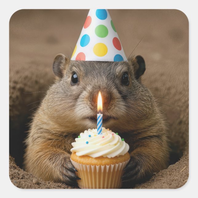 Sticker Carré Birthday Groundhog with a Cupcake (Devant)