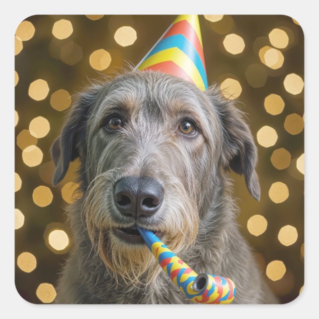 Sticker Carré Birthday Irish Wolfhound Dog With Party Hat (Devant)