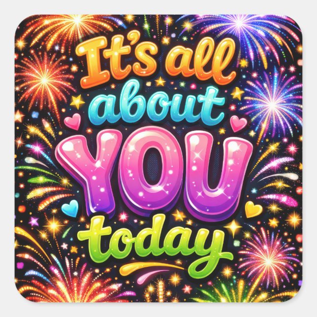 Sticker Carré Birthday Neon Fireworks On Black (Devant)