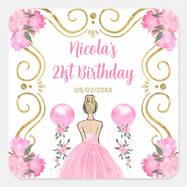 Sticker Carré Birthday Party Blonde Princess in Pink (Devant)