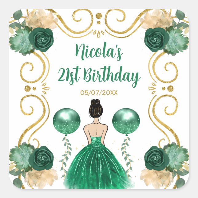 Sticker Carré Birthday Party Brown Hair Princess in Green (Devant)
