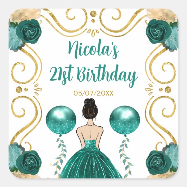 Sticker Carré Birthday Party Brown Hair Princess in Teal (Devant)