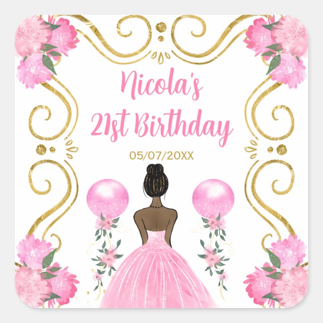 Sticker Carré Birthday Party Dark Skin Princess in Pink (Devant)