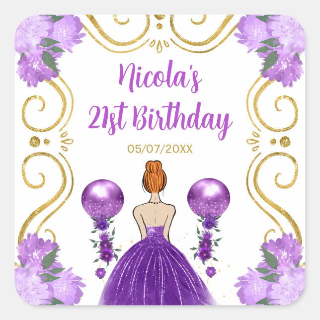 Sticker Carré Birthday Party Red Hair Princess in Purple (Devant)