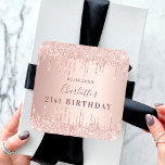 Sticker Carré Birthday party rose gold glitter drips monogram<br><div class="desc">For a girly and glamorous 21st (or any age) birthday party. A rose gold faux metallic looking background with faux glitter drips, paint dripping look. Personalize and add a name, age 21 and a date. The name is written in dark rose gold with a modern hand lettered style script. For...</div>