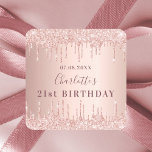 Sticker Carré Birthday party rose gold glitter drips monogram<br><div class="desc">For a girly and glamorous 21st (or any age) birthday party. A rose gold faux metallic looking background with faux glitter drips, paint dripping look. Personalize and add a name, age 21 and a date. The name is written in dark rose gold with a modern hand lettered style script. For...</div>