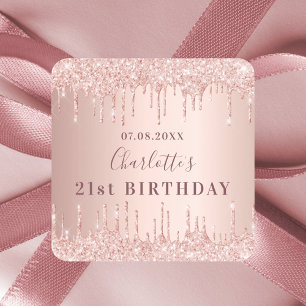 Sticker Carré Birthday party rose gold glitter drips monogram