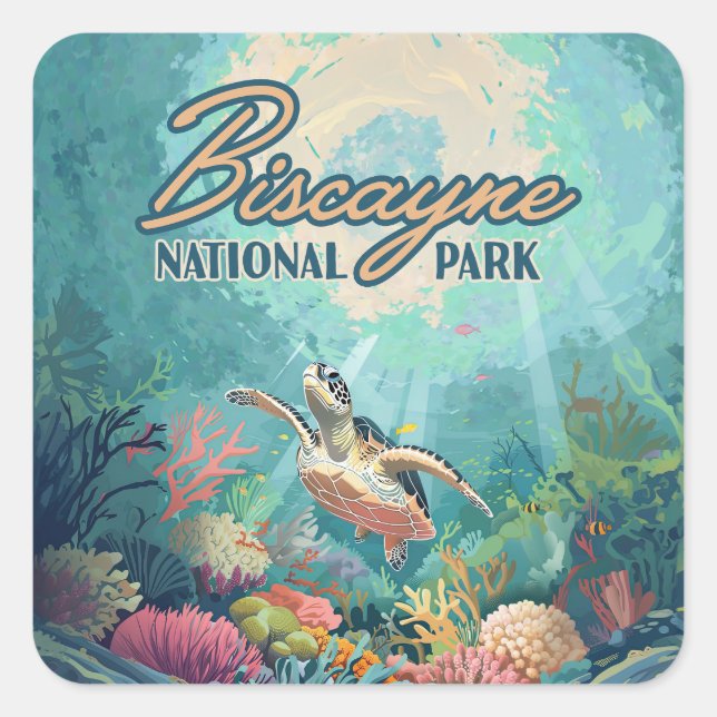 Sticker Carré Biscayne National Park Floride Turtle Coral Retro (Devant)