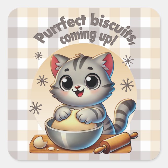 Sticker Carré "Biscuits fins, à venir" Kneading Cat (Devant)