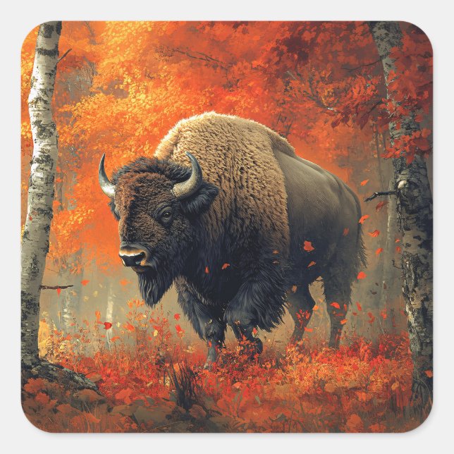 Sticker Carré Bison dans l'artisanat boisé d'automne (Devant)
