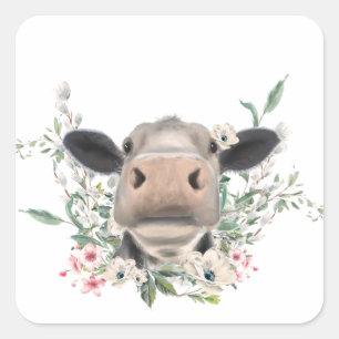 Sticker Carré bisou de nez de vache fleurs aquarelle gris animal