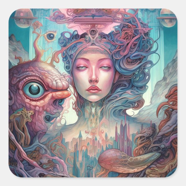 Sticker Carré Bizarre surréaliste Alien Art femme (Devant)