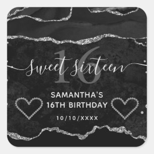 Sticker Carré Black and Silver Glitter Agate Marble Sweet 16