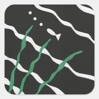 Sticker Carré Black and White Fish with bubbles and seaweed