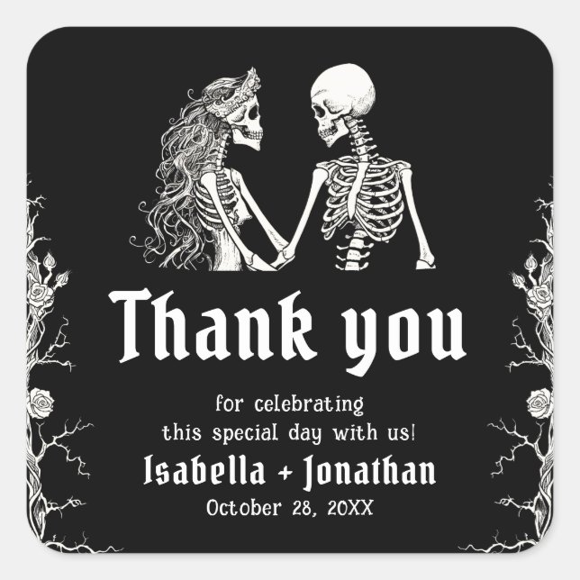 Sticker Carré Black and White Gothic Halloween Skeleton Wedding (Devant)