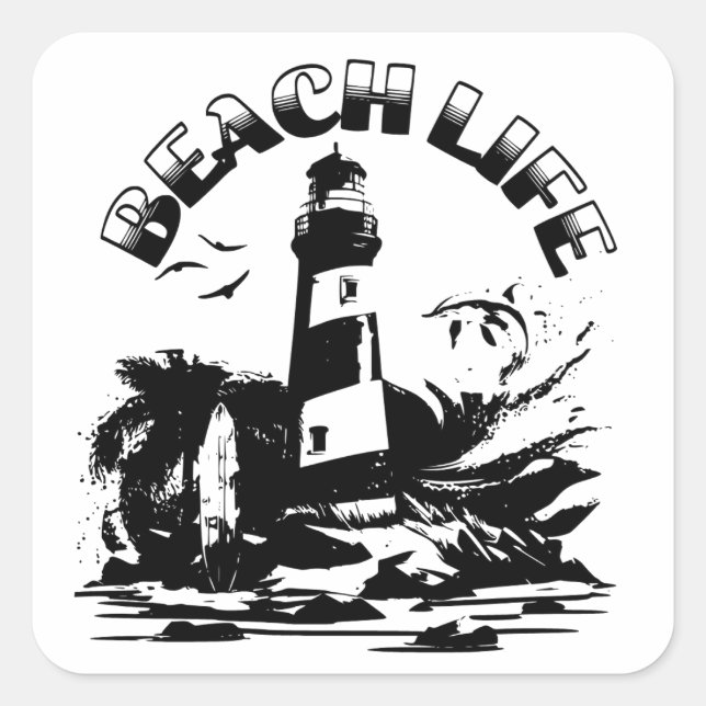 Sticker Carré Black and White Lighthouse Beach Life (Devant)