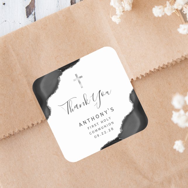 Sticker Carré Black Argent Agate Premier Sainte Communion Merci (Créateur téléchargé)