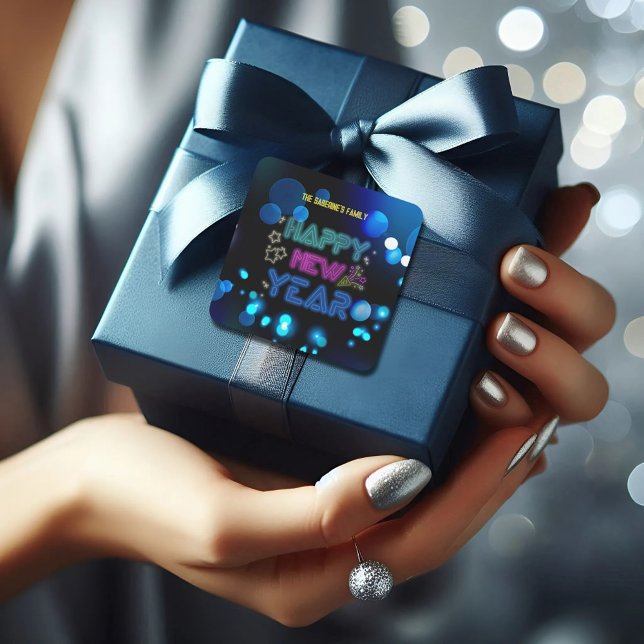 Sticker Carré Black & Blue Midnight Sparkle Neon Glow New Year  (Créateur téléchargé)