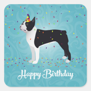 Sticker Carré Black Boston Terrier Joyeux design d'anniversaire